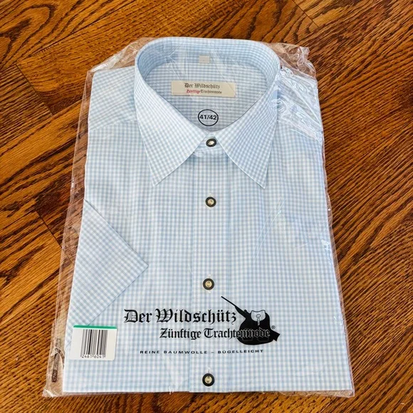 NEW Wildschuetz Trachten Button Down Shirt Short Sleeve Made in Germany Sz L - Picture 1 of 7